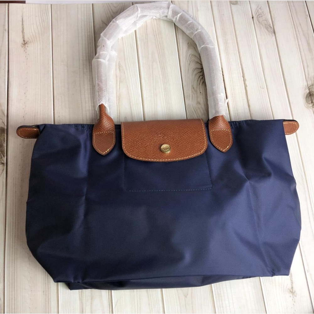 Longchamp Dark Blue Tote with Brown Details